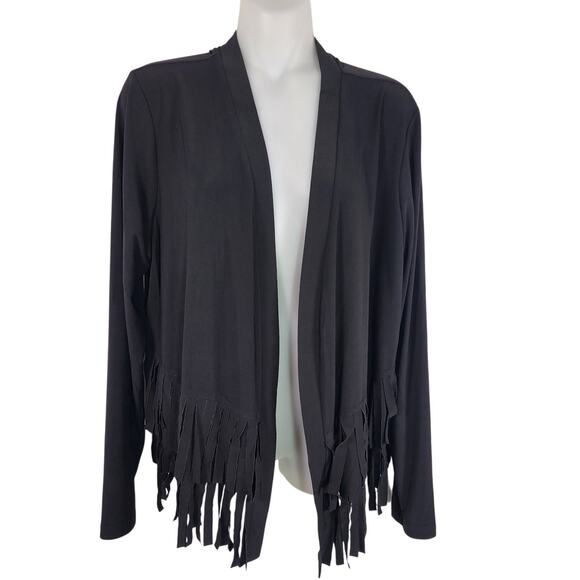 Attitudes by Renee Womens Como Jersey Fringe Jacket Black Large Knit Open Front - Picture 1 of 9